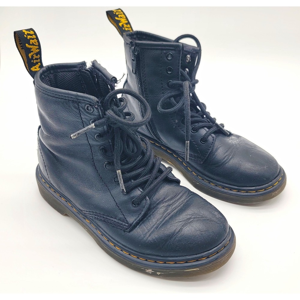 Dr Martens 1460 J Kids Size 1 Black Leather Combat Boots Side Zip Lace Up